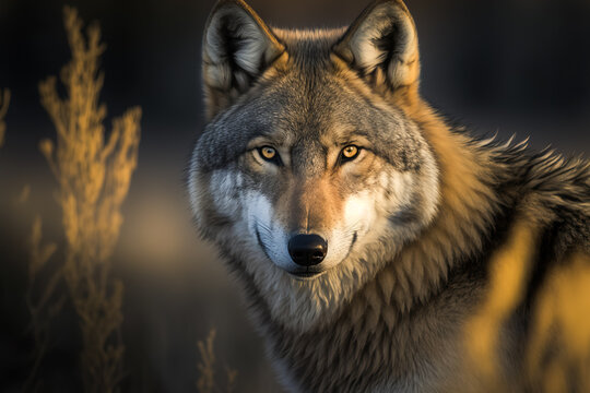 Portrait of a wild gray wolf in a natural forest habitat, generative ai