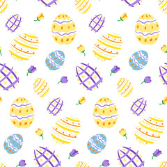 Cute Easter pastel coloured pattern with colorful eggs and spring flowers on white background