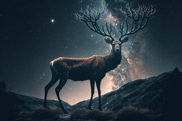 deer in the mountains, milky way sky. 3d render, AI Generated