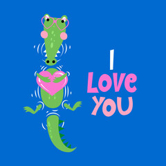 I love you - Cute Funny hand drawn doodle with crocodile in love. Cartoon alligators. Good for Valentine's Day card. Vector hand drawn illustration.
