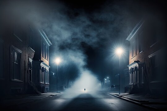 Dark empty street view, blue fog and spotlights at night. Created with generative AI. 