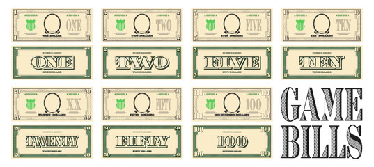 Vector set of gaming fiat money. Obverse and reverse of banknotes in denominations from 1 to 100 dollars. Collection of bills. - obrazy, fototapety, plakaty