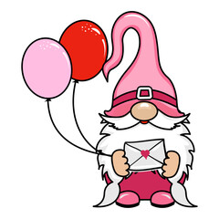 Happy Valentine's Day gnome with  pink balloons and love letter. Nordic magic dwarf. Cute holidays Elf with hat. Vector illustration for love day