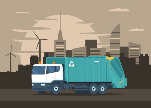 Garbage truck rides through the city. Vector illustration.