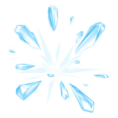 Shards of ice fly from explosion isolated illustration, explosive freshness and coolness conceptual illustration, small sharp fragments of broken ice fly away from the center