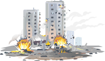 Russian bomb explosions with shrapnel and fireball in Ukraine city, destroyed buildings ruins and concrete, war destruction concept illustration isolated, terrorist acts in Europe