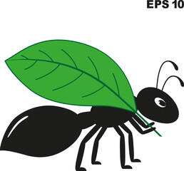 Black ant with a leaf on a white background. Flat vector illustration