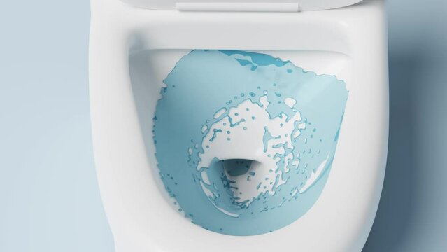 toilet bowl isolated on blue background. powerful suction for thorough cleaning concept, 3d animation, alpha channel