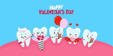 Happy Valentine's Day - Tooth  characters in kawaii style. Hand drawn Toothfairy with funny quote. Good for school prevention posters, greeting cards, banners, textiles.