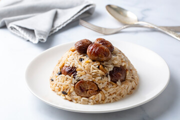 Traditional delicious Turkish food; chestnut rice pilaf (Turkish name; kestaneli pilav)