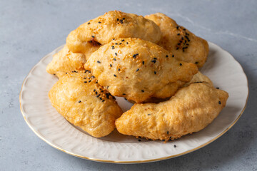 Turkish cuisine; Handmade Cheese spinach Pastry (Turkish name; peynirli - ispanakli pogaca, pisi)
