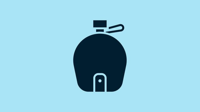 Blue Canteen water bottle icon isolated on blue background. Tourist flask icon. Jar of water use in the campaign. 4K Video motion graphic animation