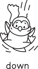 Preposition of movement. Penguin is falls down