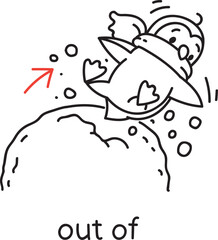 Preposition of movement. Penguin falls out of a snowball
