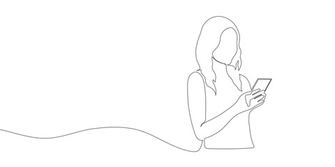 Continuous one line drawing young woman girl looking at smartphone