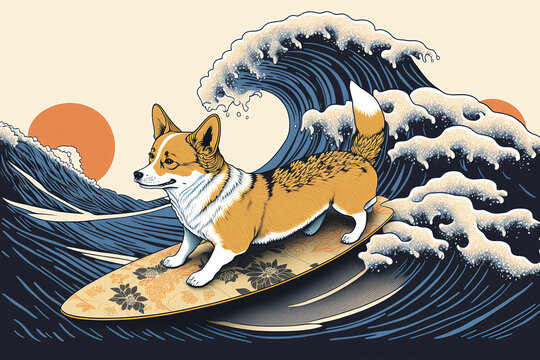Happy corgy dog surfing on great wave off kanagawa wave, illustration. Ai generated