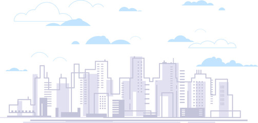 Urban landscape panorama of city in side view in linear flat design concept illustration on white background, urban metropolitan areas, cityscape panorama with clouds, real estate architecture