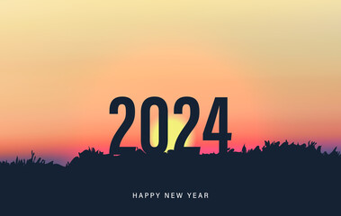amazing sunset in orange sky or sunrise with sun over dark peak mountain top silhouette 2024 happy new year