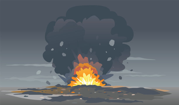 Artillery shell exploding on ground with shrapnel and black clouds, exploding projectile, war destruction background illustration