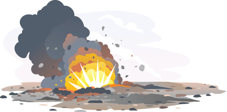 Big bomb explosion on ground with shrapnel and black clouds, exploding projectile, war destruction concept illustration isolated on white background