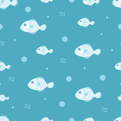 Blue ocean fish and bubble doodle line art pattern