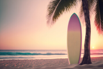 Surfboard and palm tree on sunset tropical beach. Generative AI