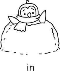 Preposition of place. Penguin in the snowdrift.