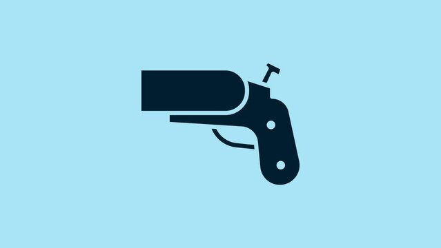 Blue Flare gun pistol signal sos icon isolated on blue background. Emergency fire shoot target smoke. Orange 911 launcher. 4K Video motion graphic animation