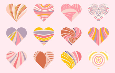 Fototapeta na wymiar Vector set of swirling ridial Valentine's day hearts. spiral, sunburst, spinning rays patterns. Twisted and distorted vector texture in trendy retro groovy hippie 70s psychedelic style. Y2k aesthetic.