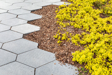 Decorating curb or edge of pedestrian zone with tree bark. Uneven edge of hexagonal paving tile....