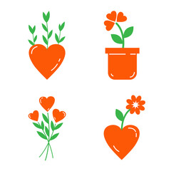 Hearts icons set. Vector illustration. Flower from hearts in pot, sprouts and plant of love, romantic bouquet. The concept of love and incipient feelings for Valentine's Day.