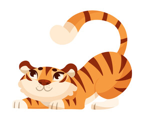 Cute Tiger Cub with Striped Orange Fur Playing with Tail Vector Illustration