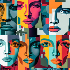 Colorful women face collage. Generative AI.