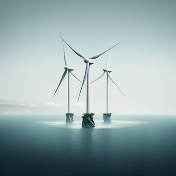 renewable energy with wind turbines farm offshore on the sea. generative ai