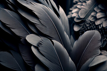 Black Feathers Background, Black Swan Wings Pattern, Abstract Generative AI Illustration