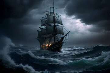 Antique Ship in Storm, Vintage Pirate Boat, Generative AI Illustration