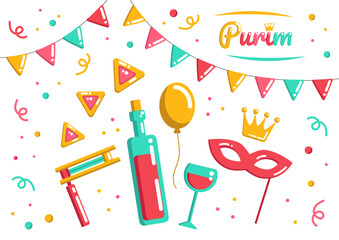 Group of Purim holiday flat doodle elements, decorative Purim objects, mask, wine, beanbag, hamantaschen and crown with confetti on the background. 