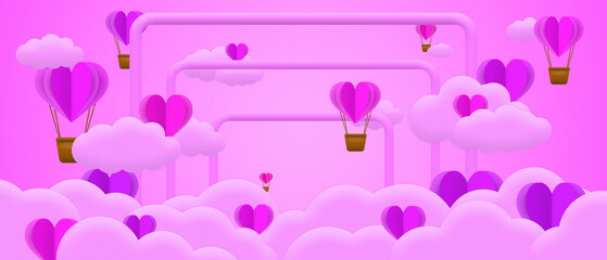 3d purple heart heaven cloud fantasy valentines day with square gate outline concept for decoration background	