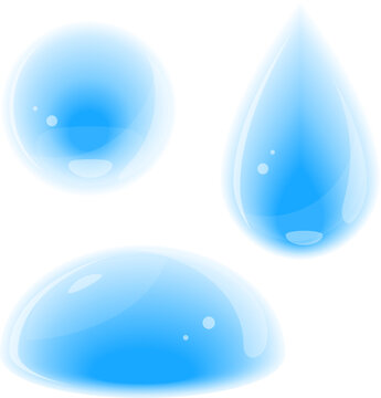 Set of blue clear water drops isolated illustration, drops of water round oval falling, different drops with reflection