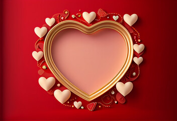 Valentines day or Mothers Day sign banner frame with empty space and festive decoration red background. Sale background, Red discount poster with hearts ornament. February 14. Generative Ai.