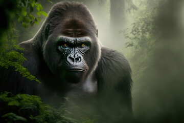 Obraz premium Gorilla in a Misty Jungle - AI Generative