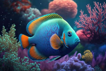 Naklejka na ściany i meble Underwater world. Coral reef and tropical fish sea background. Generative AI Illustration