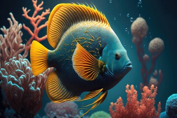 Fototapeta na wymiar Underwater world. Coral reef and tropical fish sea background. Generative AI Illustration