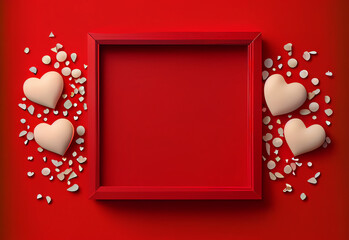 Valentines day or Mothers Day sign banner frame with empty space and festive decoration red background. Sale background, Red discount poster with hearts ornament. February 14. Generative Ai.