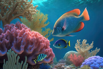 Obraz na płótnie Canvas Underwater world. Coral reef and tropical fish sea background. Generative AI Illustration