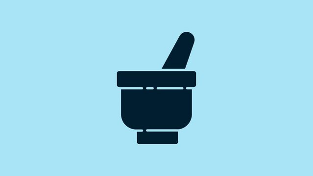 Blue Magic mortar and pestle icon isolated on blue background. 4K Video motion graphic animation