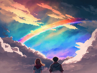 anime couple watching rainbow 