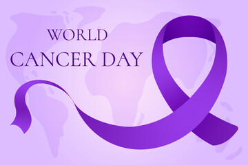 World Cancer Day poster or banner template with purple ribbon symbol