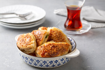 Turkish cuisine; Handmade Cheese spinach Pastry (Turkish name; peynirli - ispanakli pogaca)