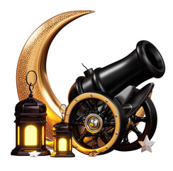 3d golden moon with ramadan cannon isolated cutout